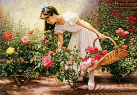 Girl in a garden of flowers - colorful flowers, basket, garden, painting, girl, art