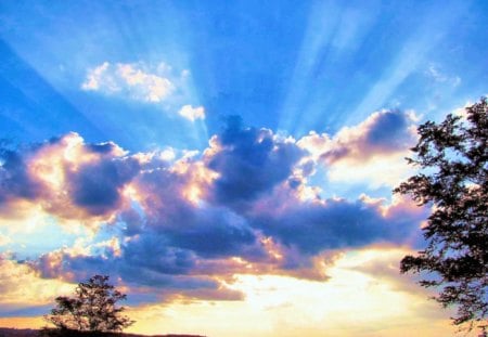 Inspirational Sunset - clouds, sunset, nature, rays, blue, inspirational, sky