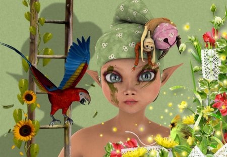 Elve in Green - elf, bird, green, girl, elve, flower