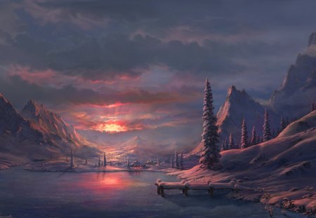 Winter sunset - scenery, digital art, art, wallpaper, other