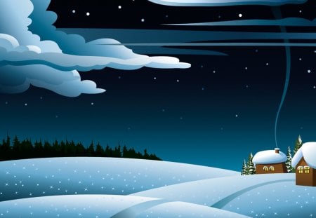 Winter Blues - warm, clouds, house, trees, winter, blue, cabin, snow, forest, stars, Feliz Navidad, cottages, Christmas, comforting, cottage, sky