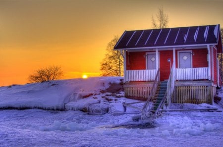 Hole in the ice - pretty, sun rays, sundown, cabin, snow, sunrise, countryside, frost, hole, nice, cottage, sky, house, sunlight, winter, beautiful, sunshine, lovely, frozen, nature, sunset, rays, cold