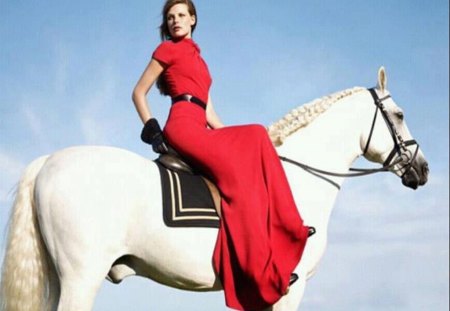 Pretty woman sitting on horseback - black gloves, horseback, red dress, sitting, white horse, Pretty woman