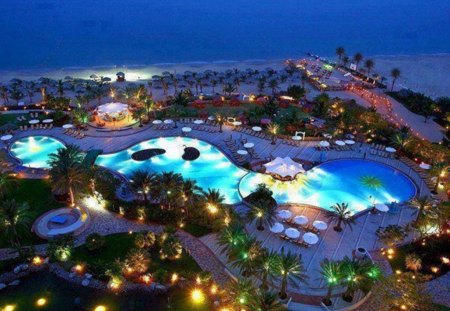 Beautiful Evening View - palm trees, beach, light, beautiful view, beautiful colors, evening, house, patio, pool, sea