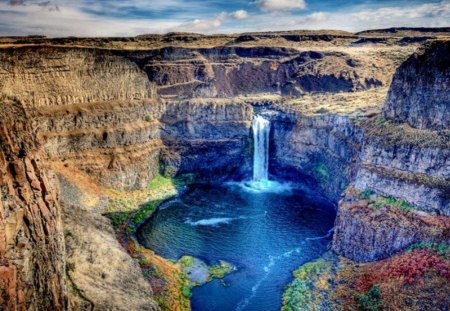 Beautiful waterfall - colorful flowers, beautiful nature, waterfall, blue water, cloud, rock, blue sky, round