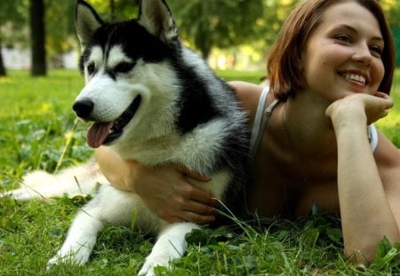 Girl and her husky - girl, husky, grass, dogs