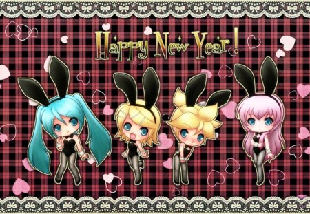 Happy New Year! - megurine luka, cute, kagamine rin, kagamine len, vocaloid, happy new year, hearts, hatsune miku project diva, bunny, hatsune miku