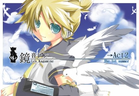 Len Kagamine - sky, plumes, clouds, dove, kagamine len, air, the 1st summer