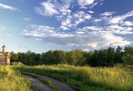 road to temple- - fields, road, temple, clouds