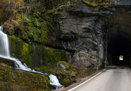 waterfall before a tunnel - cliff, road, tunnel, waterfall