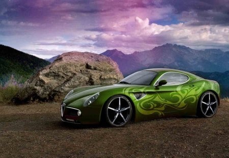 colorful alfa romeo - rock, colorful, car, mountain