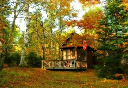 back porch in autumn - autumn, trees, porch, wallpaper, nature, forest, architecture, house, new