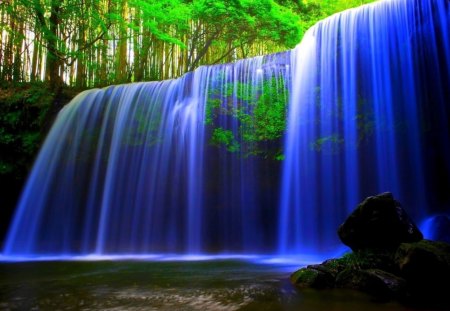 magnificent blue watefall - forest, waterfall, blue, cliff