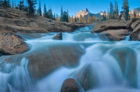 yosemite meadows waterfall - waterfall, trees, rocks, mountain