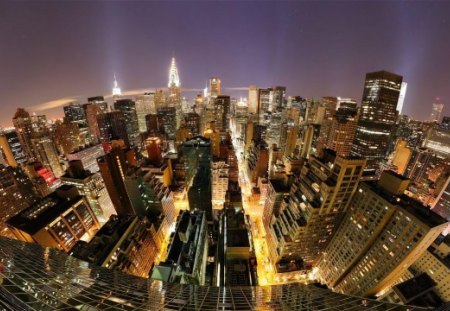 manhattan at night in fish eye - fish eye, lights, city, night, stars