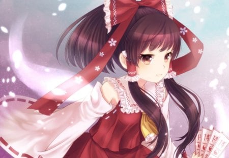 Hakurei Reimu - pretty, anime, female, maiden, shrine maiden, long hair, touhou, ribbon, reimu, hakurei reimu, brown eyes, anime girl, beautiful, girl, beauty, lovely, brown hair, sweet, cute