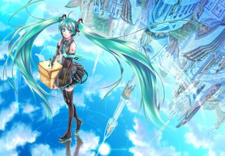 Hatsune Miku - female, wing, angel, superstar, blue hair, nice, blue eyes, house, hot, beauty, wings, cute, sexy, building, vocaloid, anime, blue, hatsune miku, reflection, long hair, sky, castle, idol, twin tails, twintails, beautiful, palace, singer, girl, lovely, sweet, fantasy, miku, diva, cloud, aqua hair, vocaloids