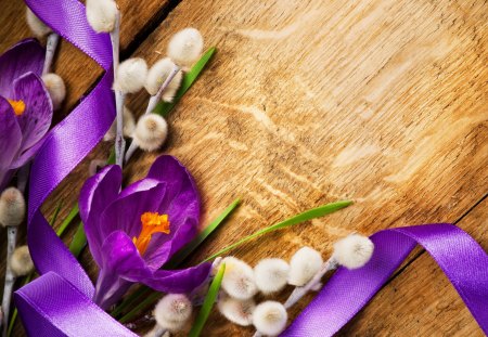 Purple Flowers - pretty, purple flowers, beautiful, beauty, sweet, flowers, wooden, nature, purple, ribbon, bow