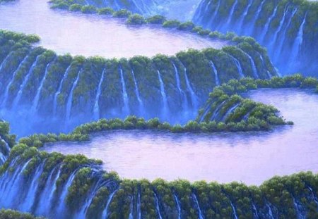 Beautiful Waterfall - water, nature, waterfall, blue, green vegetation