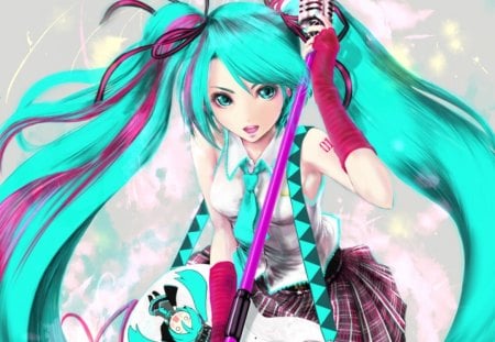 Hatsune Miku - pretty, female, sublime, green eyes, happy, guitar, superstar, nice, hot, beauty, cg, cute, 3d, sexy, vocaloid, anime, elegant, divine, hatsune miku, green hair, long hair, microphone, gorgeous, ribbon, idol, twin tails, anime girl, skirt, twintails, realistic, beautiful, singer, girl, lovely, sweet, smile, miku, vocaloids