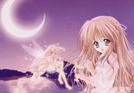 My lil' fairy - beauty, sky, female, magic, water, wings, anime girl, fantasy, brown hair, anime, food, cute, moon, ice cream, girl, magical, long hair, pink hair, night, gown, lovely, wing, beautiful, crescent, sweet, fairy, dress