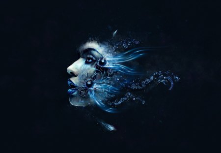 Blue face - artistic, 3d, girl, abstract, blue