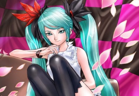 Hatsune Miku - pretty, anime, vocaloid, elegant, divine, female, hatsune miku, green eyes, green hair, long hair, gorgeous, superstar, nice, idol, twin tails, anime girl, twintails, beautiful, hot, singer, girl, beauty, lovely, sweet, petals, miku, diva, cute, sexy, vocaloids