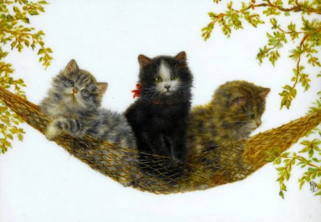 Three kittens - nice, branches, adorable, fluffy, kittens, lovely, kitties, painting, pretty, cats, beautiful, friends, sweet, friendship, tree, cute