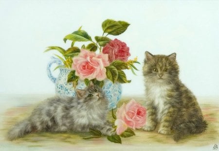 Kittens and flowers - nice, fluffy, roses, kittens, still life, kitties, pretty, scent, cute, adorable, lovely, vase, cats, beautiful, friends, sweet, flowers