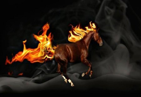 Flaming Horse - art, brown horse, smoke, flaming horse, black background, fantasy, run