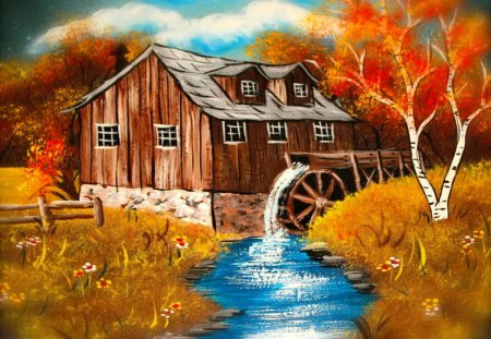 Water mill - nice, peaceful, stream, water, creek, painting, pretty, river, tree, grass, water mill, summer, shore, mill, lovely, beautiful, flowers