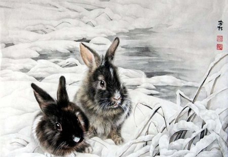 By Wang Changzheng - winter, bunny, snow, art