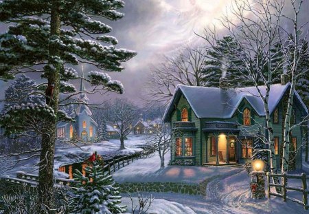 By James Meger - painting, art, snow, night, winter, tree, house, james meger