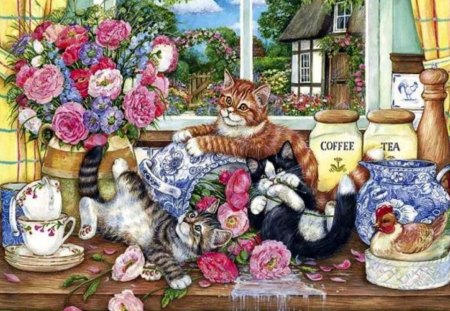 Cute cats - animal, kitten, flower, art, cat