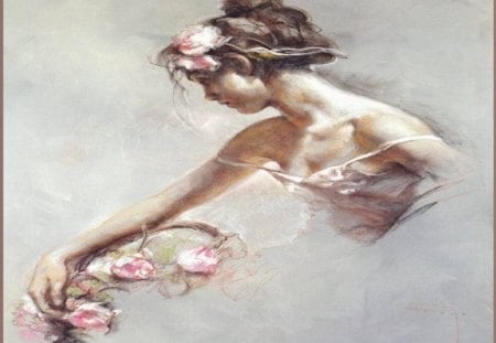 soft melody - roses, ballerina, pink, painting