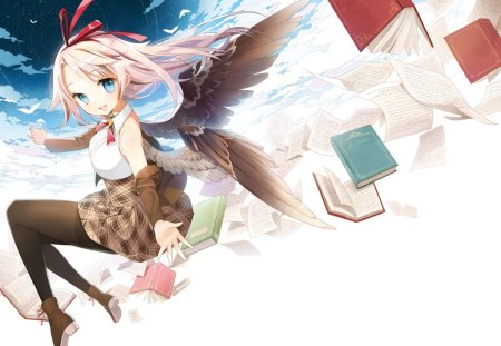 Fly Away With A Good Book - flying, sky, anime, books, wings, fantasy