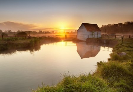 the old fishing hut - fishing, lake, house, sun