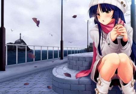 Windy Day - anime, sitting, girl, day