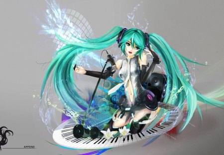 Hatsune Miku - tail, append, headphones, vocaloid, anime, keyboard, abstract, girl, blue, skirt, hair, music, twin