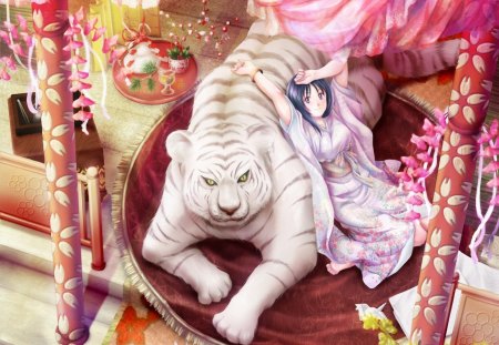 Girl n Tiger - pretty, anime, elegant, female, maiden, long hair, beast, animal, gorgeous, nice, anime girl, beautiful, hot, girl, beauty, kimono, lovely, tiger, sweet, yukata, fantasy, lady, cute, sexy