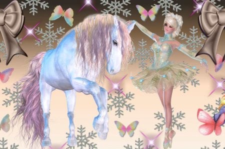 Winter Performers - snowflake, magical, magic, winter, fantasy, butterfly, pretty, horse, girly, snow, beautiful, pastel, pegasus, fairy, ballerina, unicorn