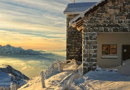 Lovely View - amazing, splendor, landscape, snow, sunrise, villa, houses, sky, clouds, house, trees, winter, beautiful, snowy, beauty, resort, lovely, tree, nature, winter time, mountains, peaceful