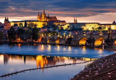 Prague, Czech Republic - buiding, evening, splendor, city lights, reflection, view, lake, sky, Czech Republic, clouds, Prague, water, beautiful, city, beauty, lovely, architecture, river, nature, sunset, buidings, peaceful, bridge