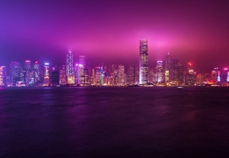 Hong Kong - clouds, purple, hong kong, skyscrapers, sea, city, sky