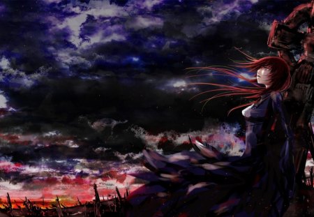 anime - women, clouds, red head, vocaloid, hair, cross, painting, dress