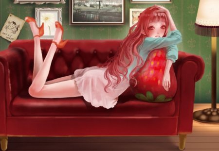 anime - women, paintings, couch, red eyes, red head, heels