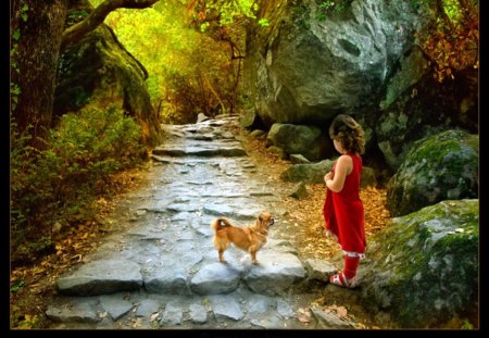 Journey - path, trees, buddies, girl, dog, friends