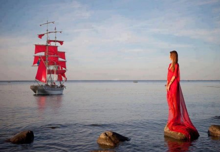 Beautiful ship&beautiful woman - Beautiful ship, masts red, beautiful woman, rock, red dress, beautiful sea view