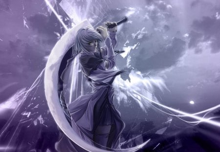 Anime girl - moon, sky, girl, light, purple, cloud, anime, sword, luna, manga