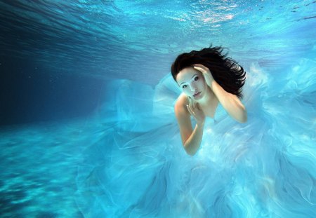 Mermaid - woman, turquoise, aqua, ocean, girl, water, fantasy, blue, mermaid, brunette, sea